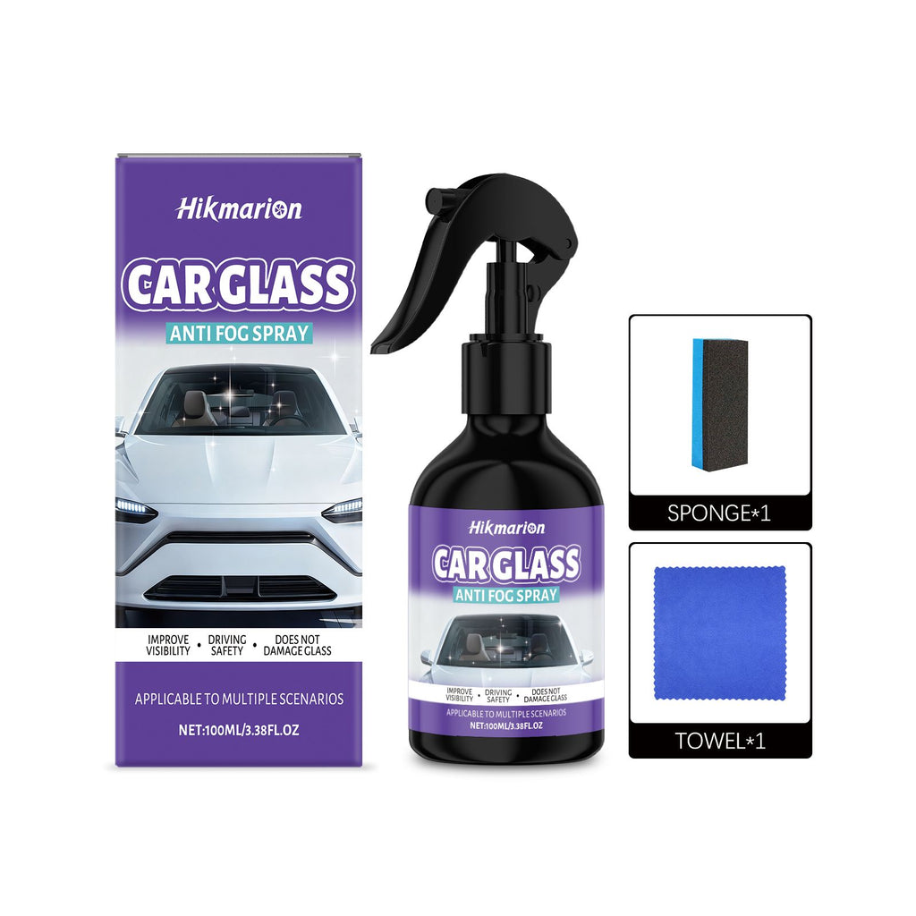 Anti-fog spray kit contents: 100 ml bottle, sponge applicator and microfiber towel