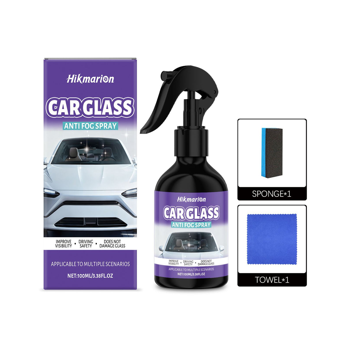 Anti-fog spray kit contents: 100 ml bottle, sponge applicator and microfiber towel