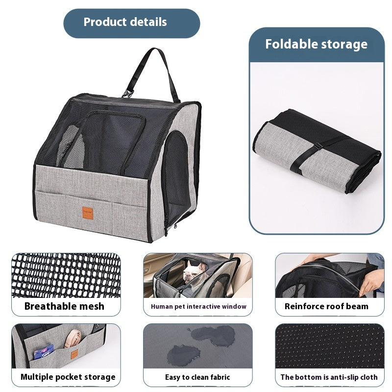 Product details of the dog car crate: breathable mesh, foldable storage, roof beam, side pockets and non-slip base