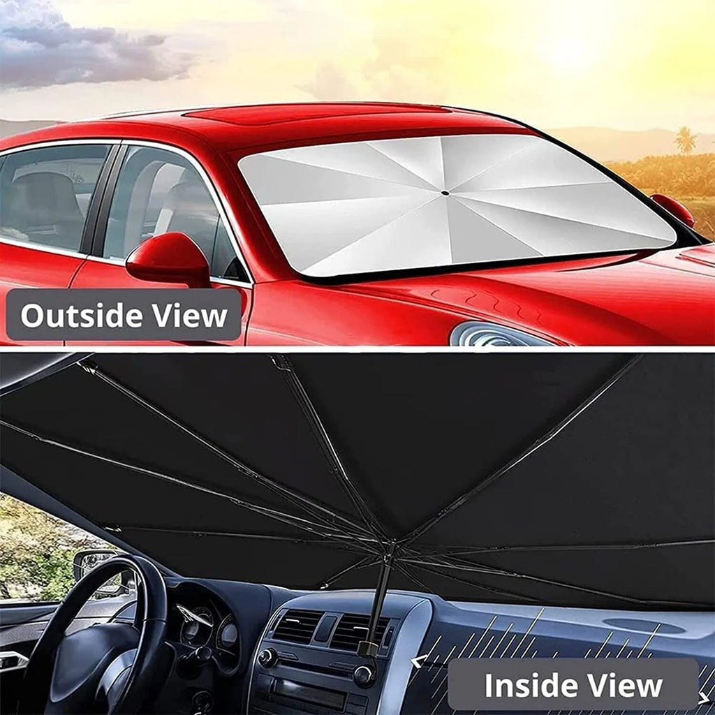 Split view of the silver windshield sun shade umbrella fitted in a red car: seen through the glass from outside, and its black inner side seen from inside the cabin