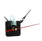 Assembled clock mechanism on a white background with the bat-style hands and red second hand fitted to the shaft.