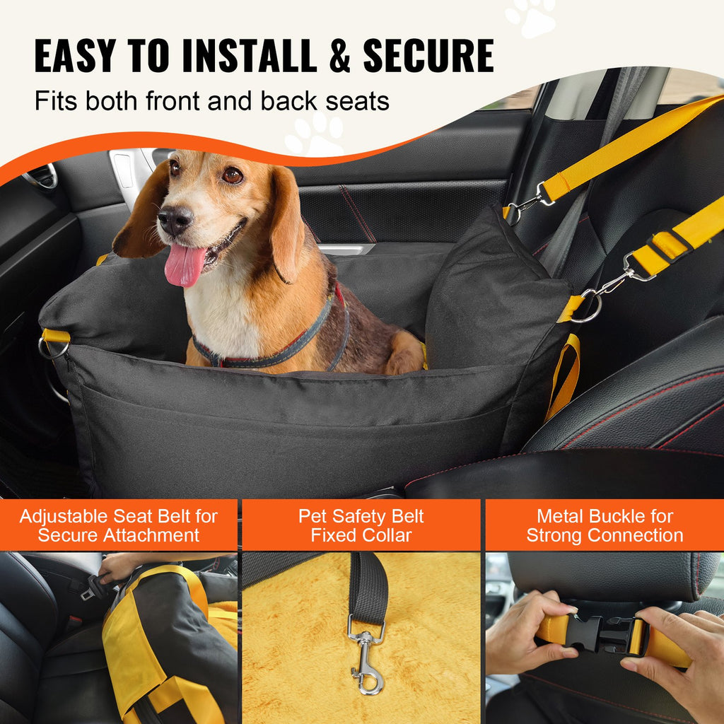 The booster seat fitted to both a front and a back seat, held by the headrest strap
