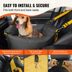The booster seat fitted to both a front and a back seat, held by the headrest strap