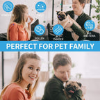 Family with a pug under a perfect for pet family banner, with icons for dust, pollen and pet dander.