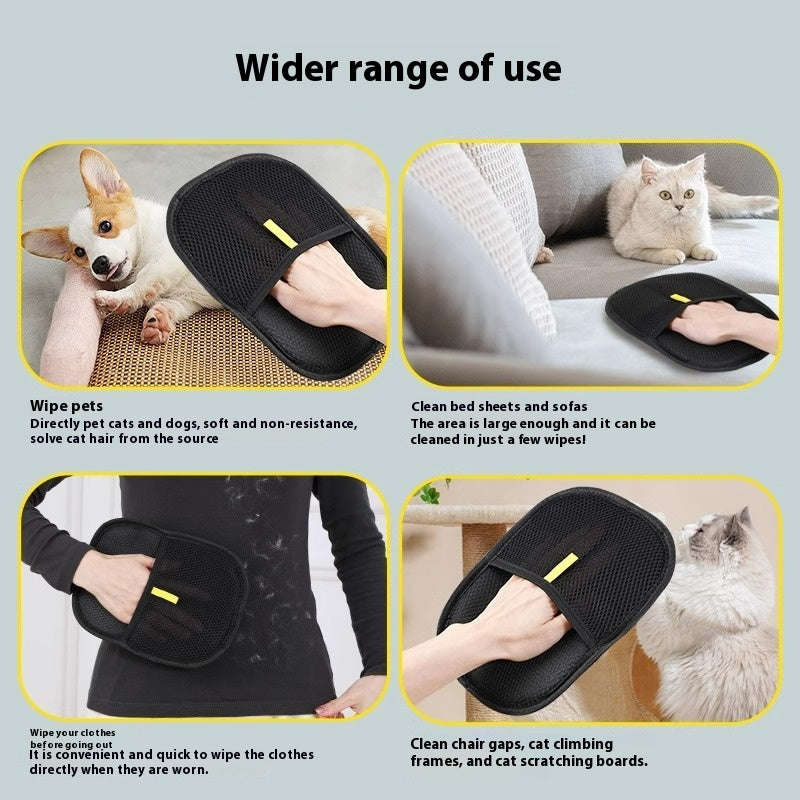 Hair remover mitt used on a dog, a sofa, clothing and cat furniture