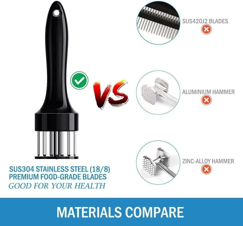 Materials comparison of the stainless steel needle head against aluminium and zinc-alloy meat hammers