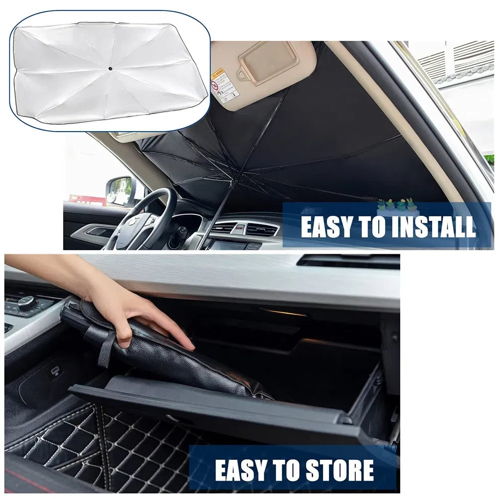 The sun shade opened against a car windshield labelled Easy to Install, and folded away into the glovebox labelled Easy to Store