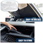 The sun shade opened against a car windshield labelled Easy to Install, and folded away into the glovebox labelled Easy to Store