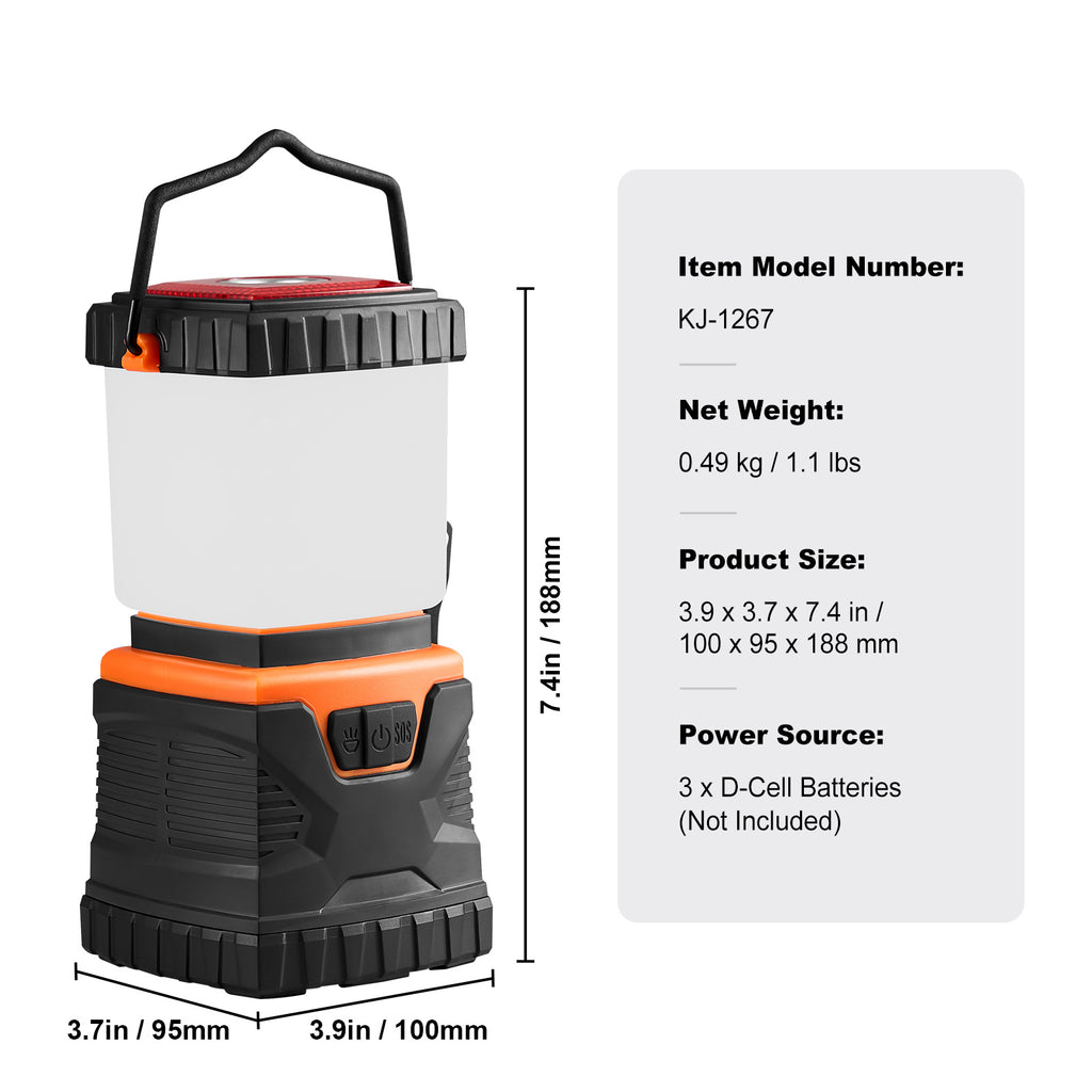 LED Camping Lantern, 1,000 Lumen Battery-Powered Lantern with Top Flashlight and Red SOS Beacon, 3 Modes for Tent, Van and Power Cuts