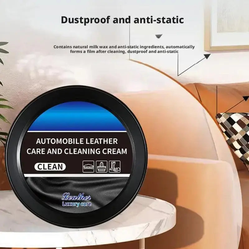 Automobile leather care and cleaning cream in a black jar