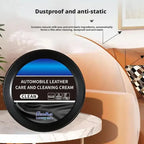 Automobile leather care and cleaning cream in a black jar