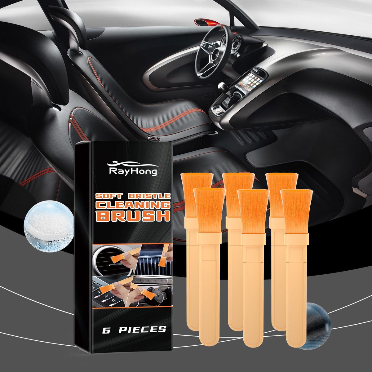 Brush set composited over a car interior scene, with a circular inset of the bristle texture.