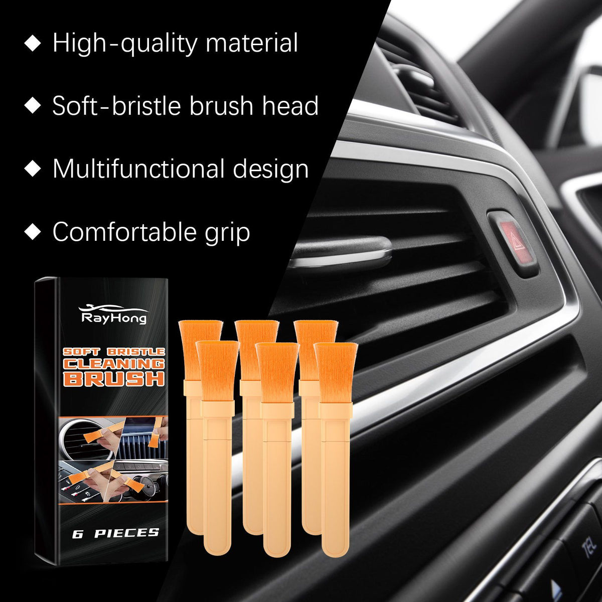Car Detailing Brush Set, 6-Piece Soft Bristle Brushes for Cleaning Air Vents, Dashboard Seams, Console Crevices, Emblems & Seat Gaps
