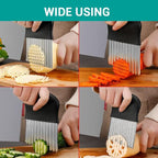Four-panel collage captioned Wide using, showing the crinkle cutter slicing potato, carrot, cucumber and lotus root.
